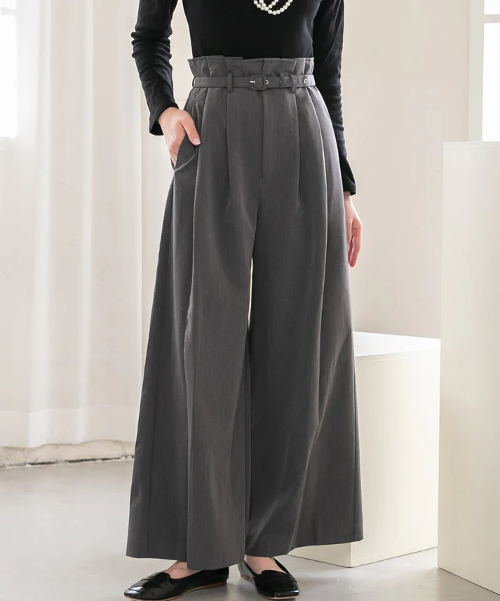 waist belt wide pants-black-gray