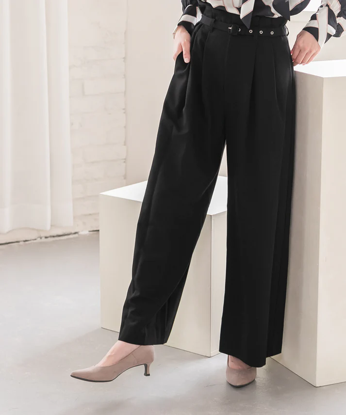 waist belt wide pants-black