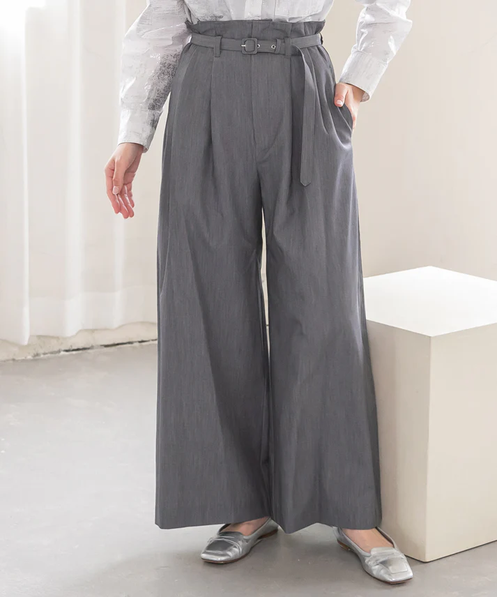 waist belt wide pants-gray