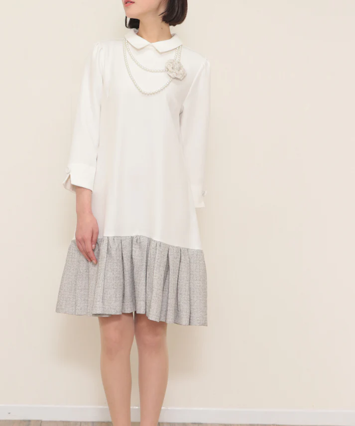 hem switching tweed frills onepiece-white02